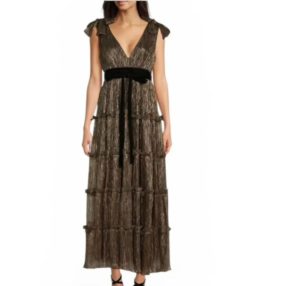A Love A Metallic Gold Pleated Maxi Dress | Size L |‎ Tie Shoulder Formal